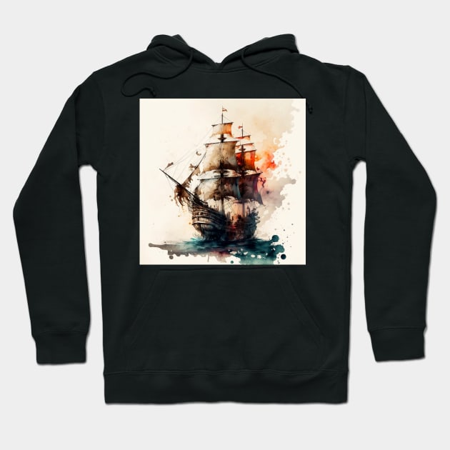 Pirate Ship watercolour Hoodie by Buff Geeks Art